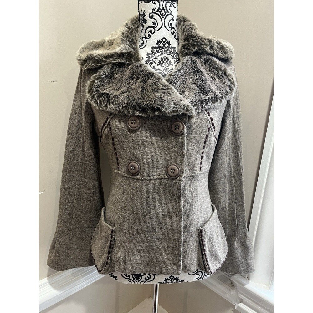 Paparazzi Womens Faux Fur Collar Brown Jacket Sz Med Y2K Penny Lane Embroidered